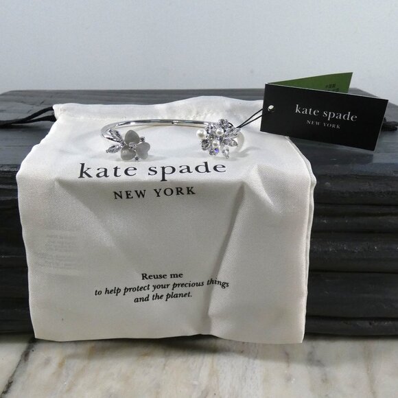 NWT kate spade new york Precious Pansy Flex Cuff, Cream/Silver, One Size - Picture 7 of 10